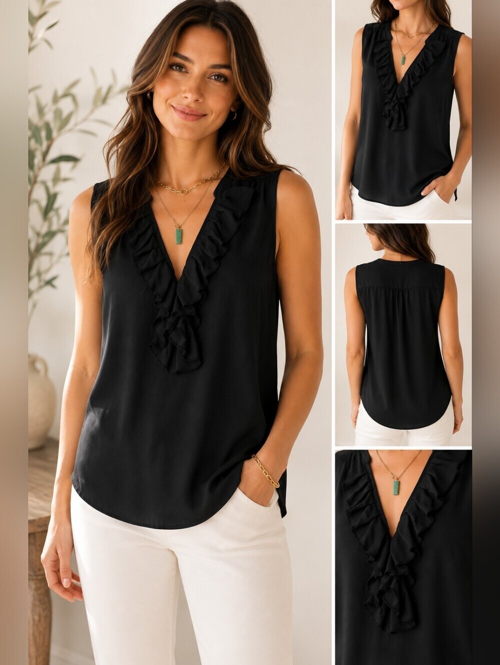L'AGENCE Black Silk Ruffle V-Neck Sleeveless Blouse Top Size Small